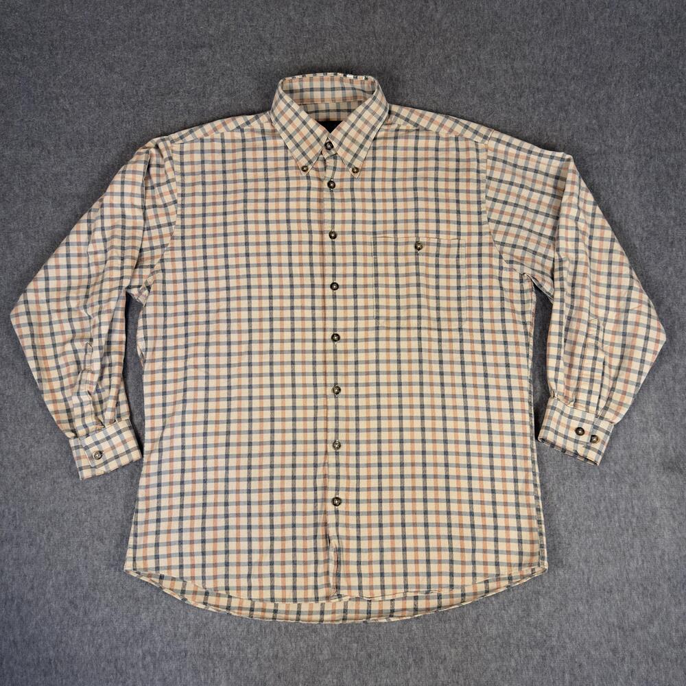 Scott Barber Shirt Mens Large Beige Plaid Long Sleeve Button Up Cotton Casual
